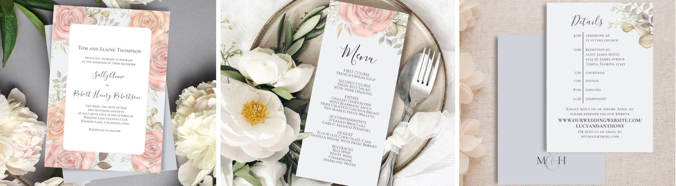 Blue and Blush Wedding invitation, details card and menu