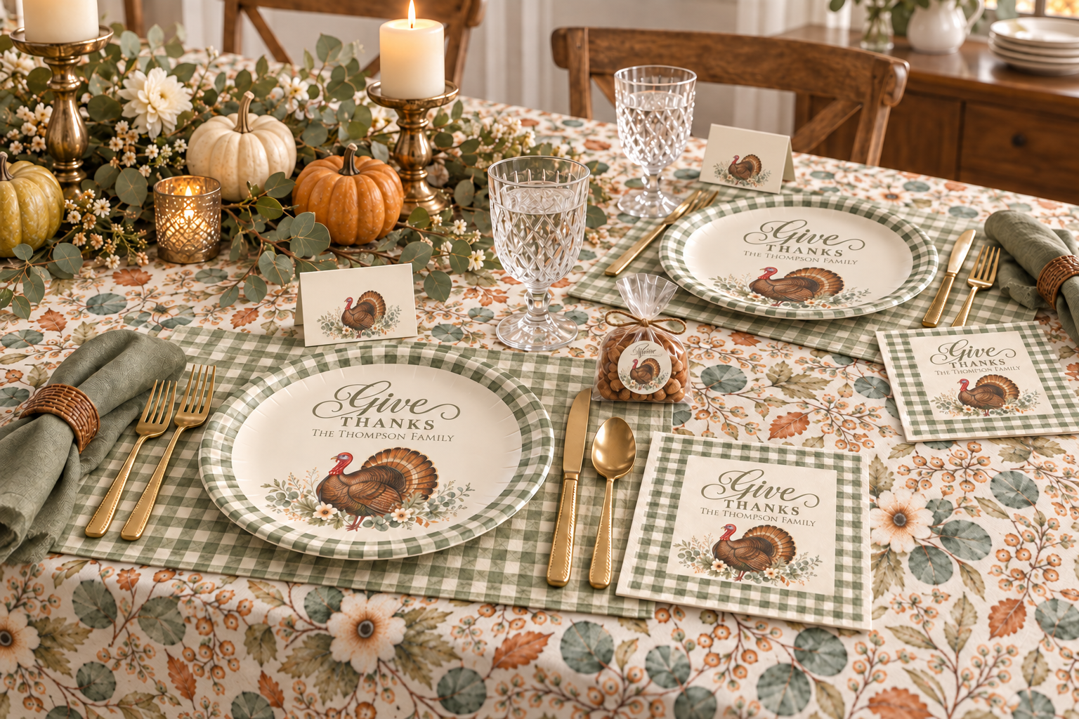 A Thanksgiving table with custom paper plates, paper napkins, and place settings, all with watercolor fall turkey artwork. featuring greenery and foliage. together with green gingham pattern placemat and matching cloth napkin.